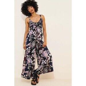Free People Melrose Wide Leg Jumpsuit Floral Printed Ruched Black S New 282870